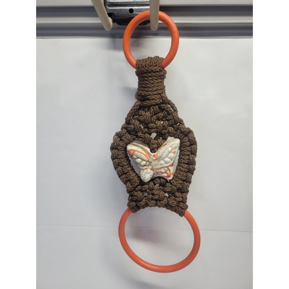 Vintage Macrame Butterfly Towel Holder Brown Orange Ceramic Retro Boho 70s Decor